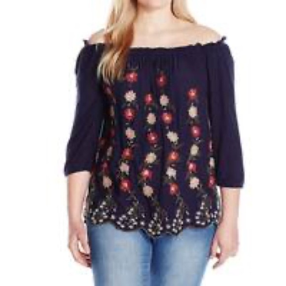 Lucky Brand Off Shoulder Embroidered Blue Blouse - Picture 1 of 7